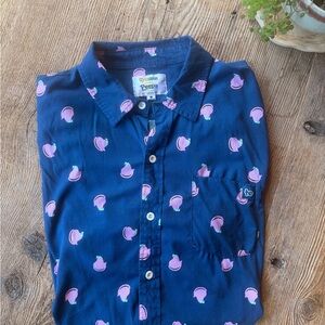 Tipsy Elves PEEPS Navy Button-Up Shirt with Pink Peeps.